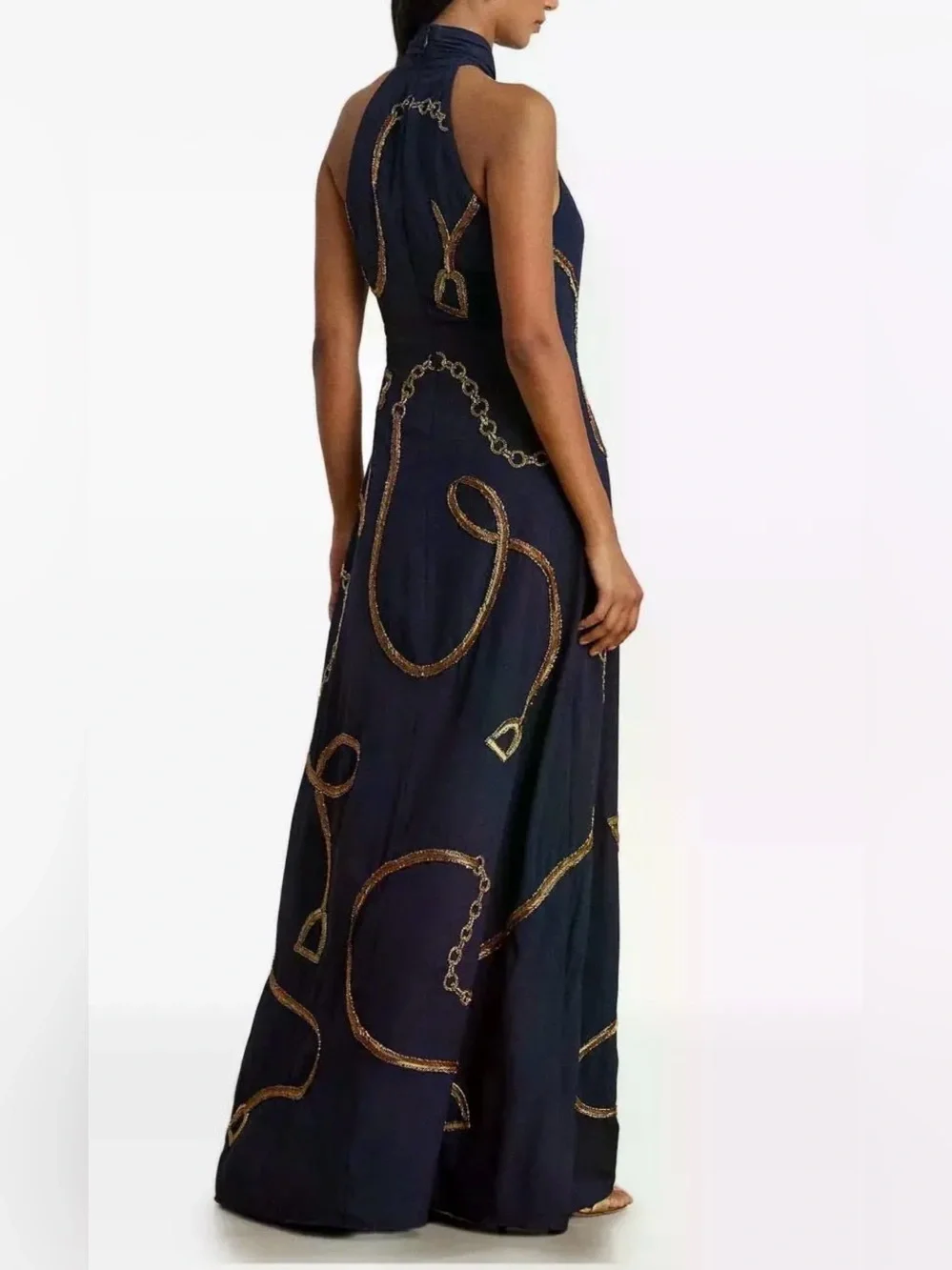 Lauren Ralph Lauren Embellished Sequin Halter Dress, Size 14 Navy Blue - Picture 2 of 12